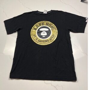 AAPE BY A BATHING APE T-Shirt Mens Black Gold Glitter Moonface Logo Medium
